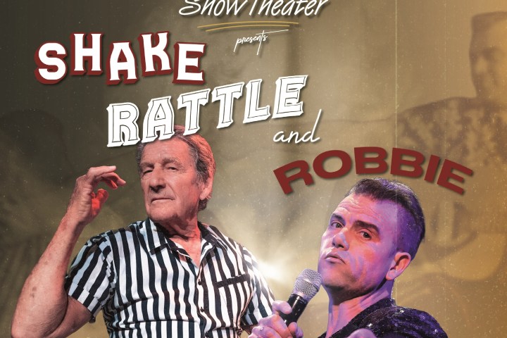 Two men performing on stage, text reads 'Shake Rattle and Robbie' at Lærdal Show Theater.