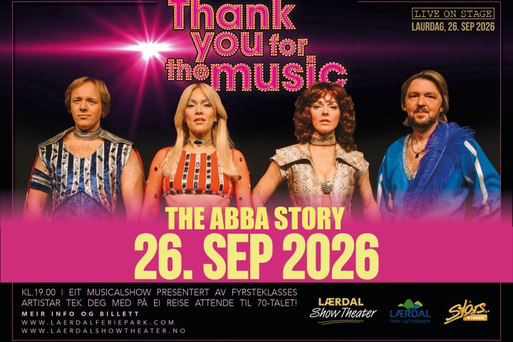 Four people in colorful 70s outfits; text reads 'Thank You for the Music, The ABBA Story, 26. Sep 2026.'