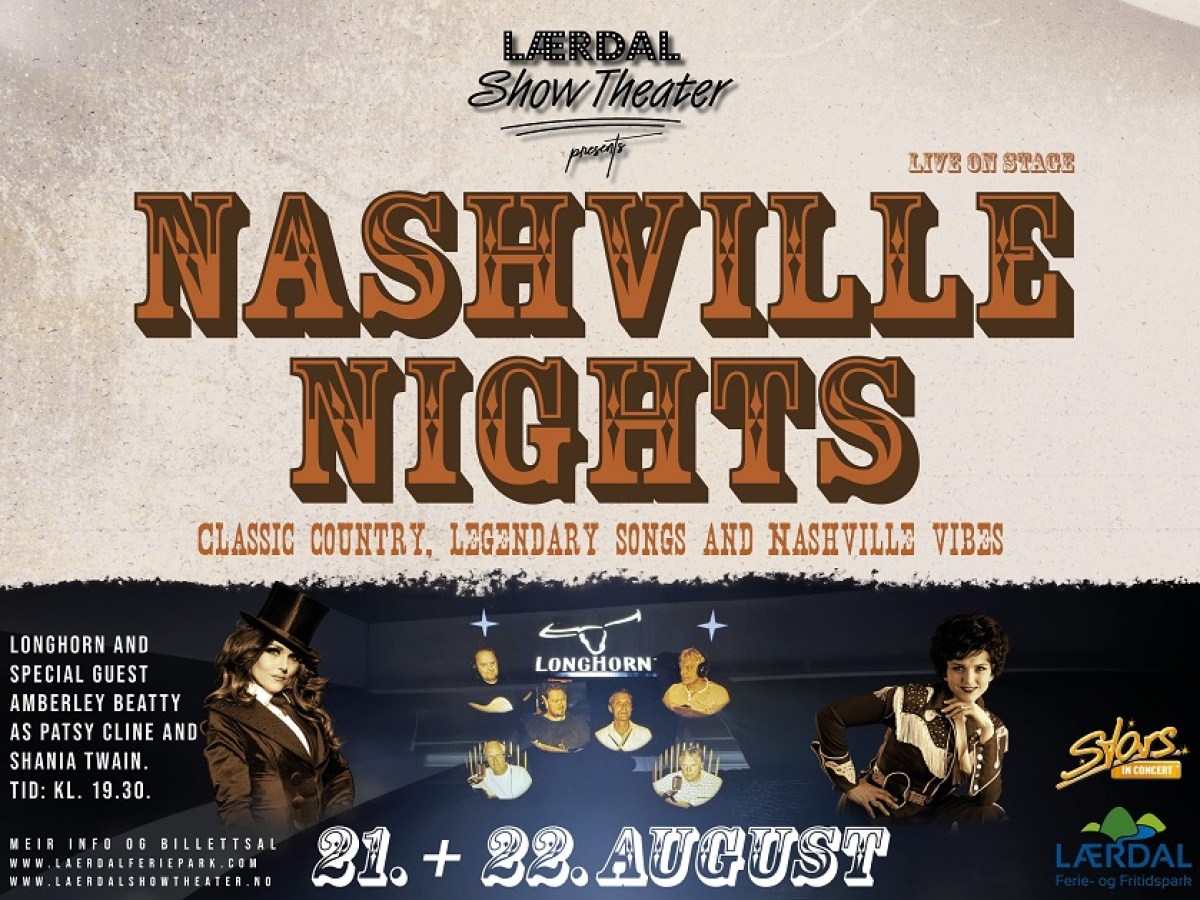 Poster for 'Nashville Nights' event with classic country theme, featuring performers on stage.